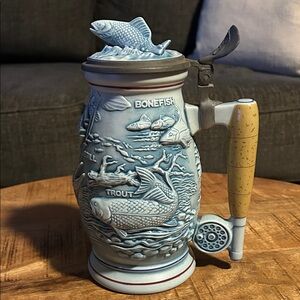 Avon Blue and Tan Ceramic Fishing Stein
